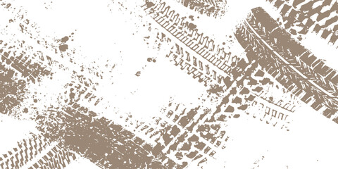 Abstract dirty tire tracks background with grunge mud splatters and crisscrossing off-road vehicle trail texture vector illustration. © Design House