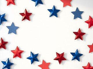 Obraz premium Red and blue metallic stars arranged in a festive circular frame on a clean white background, offering ample copy space for patriotic celebrations and national holiday designs