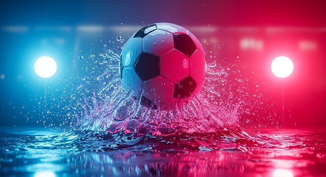 Soccer ball splashing in water with neon lights.