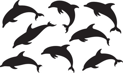 Black and white dolphin silhouette icons set © Soriyea