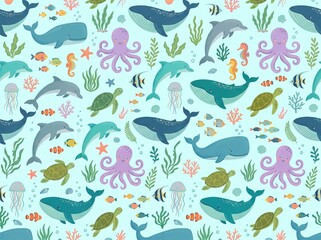 Fototapeta premium Cute Seamless Ocean Animal Pattern with Whales, Dolphins and Octopus