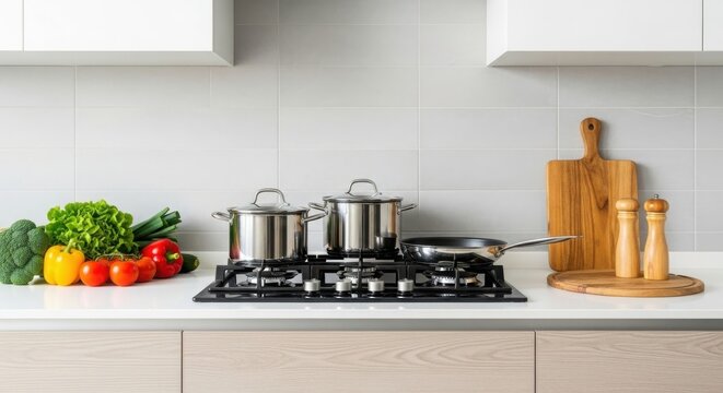 Kitchen counter with cooking pots and fresh vegetables