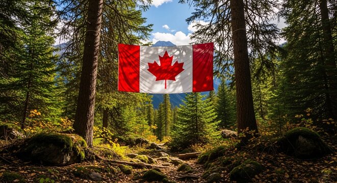 Canada day celebration canadian flag displayed in lush forest landscape