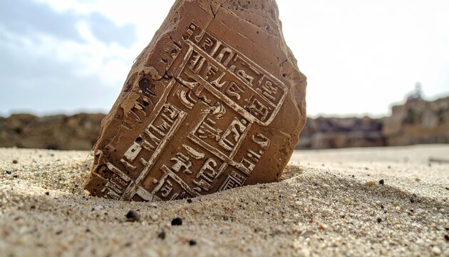 Fragmented ancient clay tablet with cuneiform script resting in sand