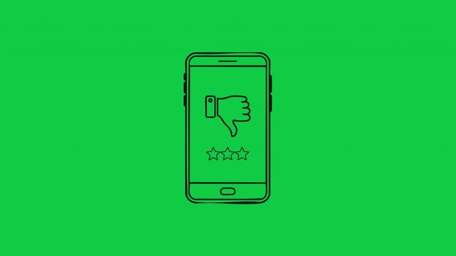 Line art illustration of a smartphone displaying a thumbs-down icon and three stars, symbolizing negative feedback or a bad review on a mobile app or service, set against a vibrant green background.