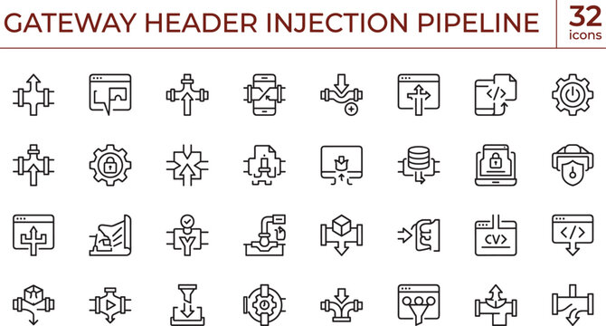 Gateway Header Injection Pipeline Line Icon Set Featuring API Traffic Routing and Network Configuration Systems