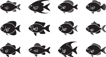 Fototapeta premium Black and white fish illustration set