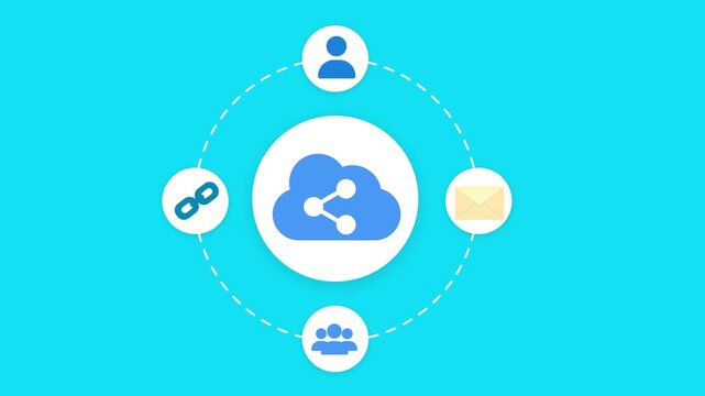 Animated cloud sharing network illustration featuring connected user, link, communication, and community icons in a smooth looping technology scene.