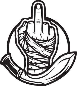 Tattooed hand gesture, obscene finger sign, black and white vector, illustration, symbol, logo