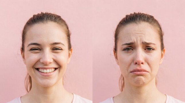Two portraits of young woman showing happy smiling and sad crying emotional expressions, mood swing, mental health