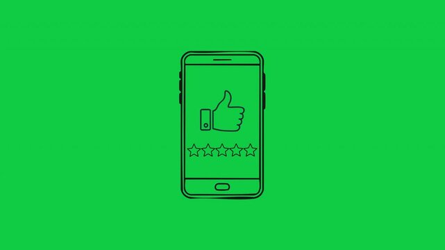 Outline illustration of a smartphone displaying a thumbs-up icon and five stars on a vibrant green background, symbolizing positive feedback and high ratings.