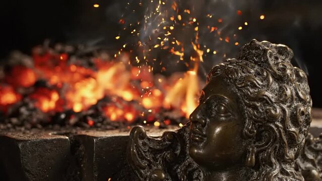 Bronze sculpture of a deity with intricate details near a glowing hot forge fire, blacksmithing craft, artisanal metalwork, heat and smoke