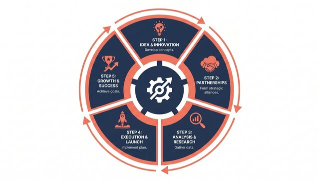 Circular business infographic diagram with five steps process loop, corporate strategy workflow wheel chart featuring icons for innovation analysis execution growth and success