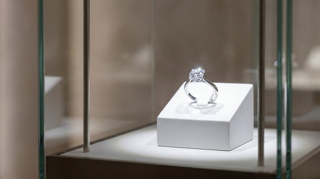 Diamond engagement ring in minimalistic luxury jewelry store display, Close up selective focus of solitaire ring on white stand, High end retail presentation