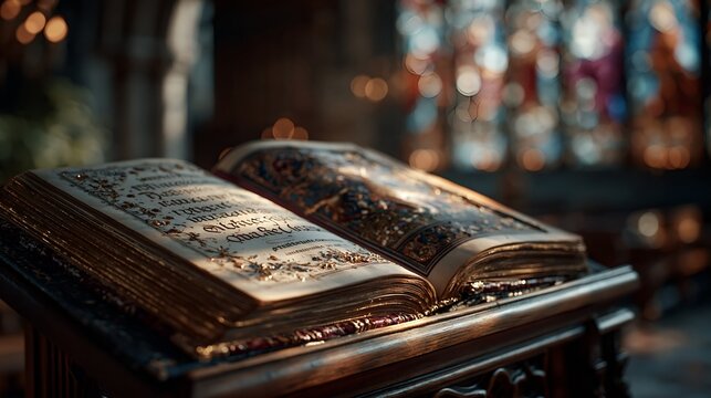 Ancient book rests on wooden table.