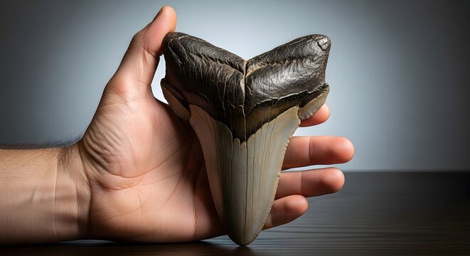 Giant Fossilized Megalodon Shark Tooth Held in Hand.