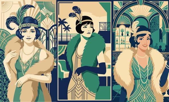Roaring Twenties Elegance: Three stylish women in flapper dresses, adorned with fur stoles and feathered headbands, embody the glamour and sophistication of the Art Deco era.