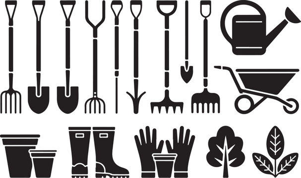 Set of gardening tools and equipment icons