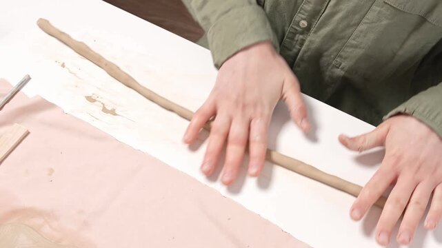 Artisan Kneading Raw Clay by Hand 4K Video Slow Motion. Close-up manual action of clay wedging