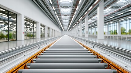 Obraz premium Modern factory interior with long conveyor belt system.