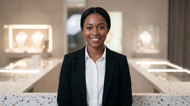 Friendly Black woman sales associate in luxury jewelry store, Professional retail portrait of welcoming staff in high end boutique, Confident employee