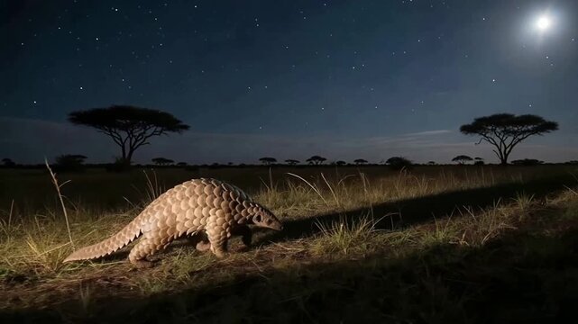 Pangolin Foraging Under Moonlight in African Savanna at Night.