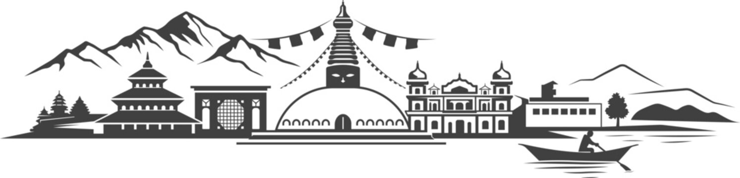 Nepal Landmark Skyline Vector with Himalayas and Cultural Heritage