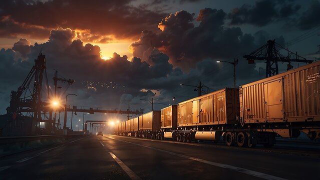 Freight Train with Cargo Containers Driving on Logistics Route Along Industrial Shipping Port and Crane Silhouettes at Dramatic Sunset Sky Cinematic Commercial Photography
