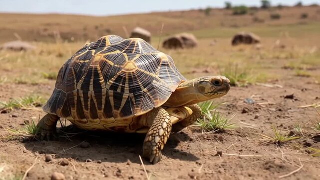 Radiated Tortoise Walking in Madagascars Dry Landscape.