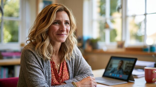Career coach observing remote interview practice on tablet in bright office