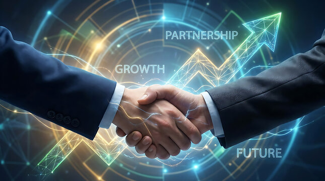 Two businessmen in suits shake hands over a glowing digital interface with upward trending arrows and text labels like growth, partnership, and future
