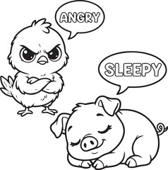 Fototapeta premium Cartoon characters of angry chick and sleepy pig with speech bubbles in simple line art vector style for children coloring book page design.