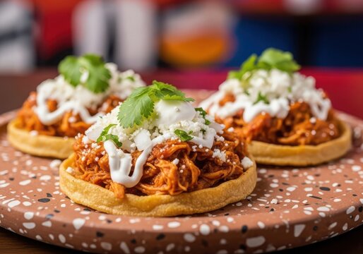 Three delicious chicken tinga tostadas on a terrazzo plate