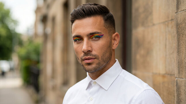 Young man with rainbow makeup posing outdoors against urban backdrop  
