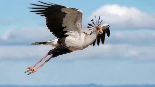 Secretary bird soaring gracefully through the sky, wings spread wide.