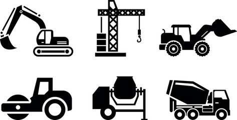 Black construction vehicle icons on white background © Tanmoy