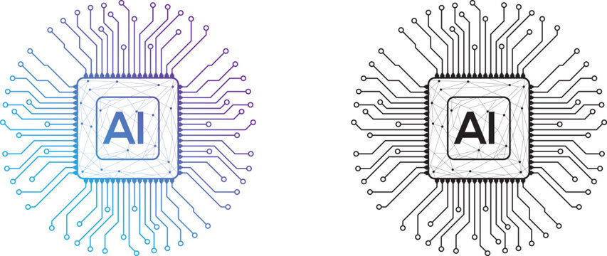 AI microchip with abstract circuit board vector icon design.