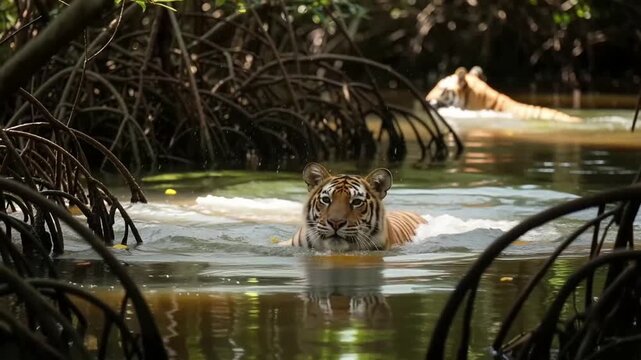 Two Bengal Tigers Swimming in a River in the Jungle.