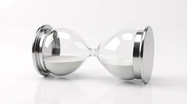 A macro conceptual photo of a horizontal glass and silver hourglass with white sand stopped, symbolizing paused business operations, delays, and frozen time