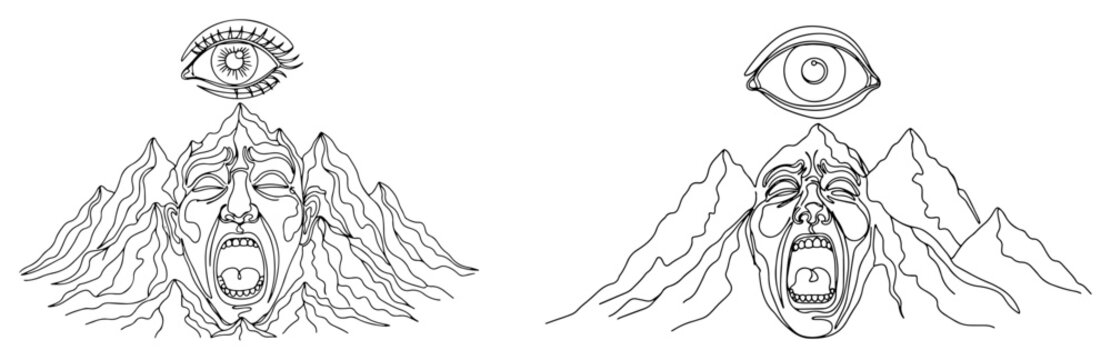 Screaming mountain face with all seeing eye above the peak surreal line art
