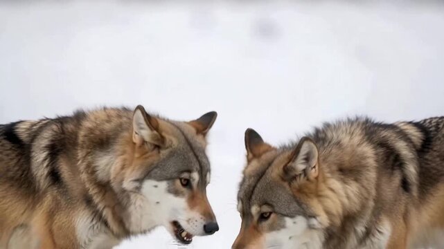 Two Gray Wolves Howling in Snowy Wilderness - Wildlife Scene.