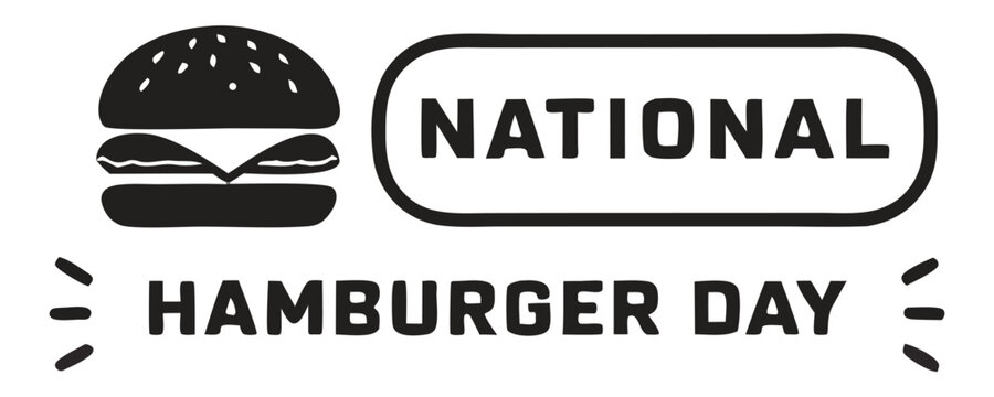 National Hamburger Day minimalist retro logo design featuring a black monochrome burger icon next to framed typography text on white background.
