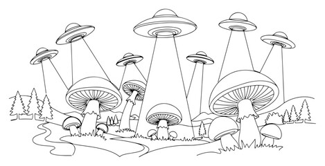 UFO flying saucers abducting giant forest mushrooms in surreal mountain landscape minimal line art style © InsomniaVideo