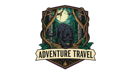 Black panther emblem for adventure travel and wildlife exploration. © Remb