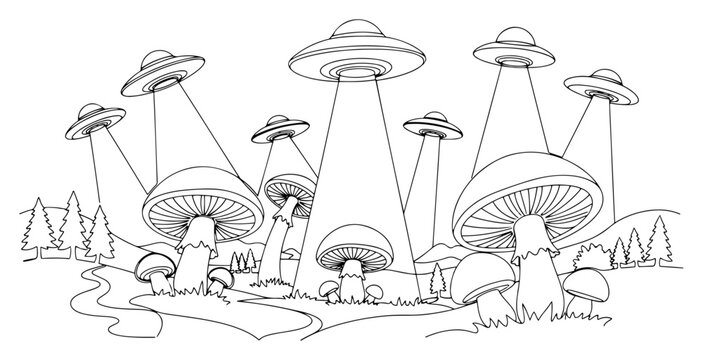 UFO flying saucers abducting giant forest mushrooms in surreal mountain landscape minimal line art style