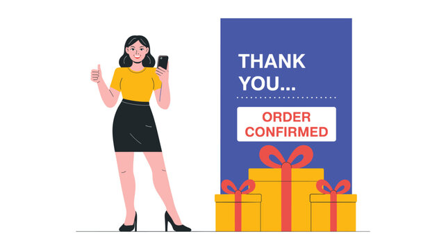 Woman in yellow holding thank you sign next to order confirmed with gift boxes black skirt
