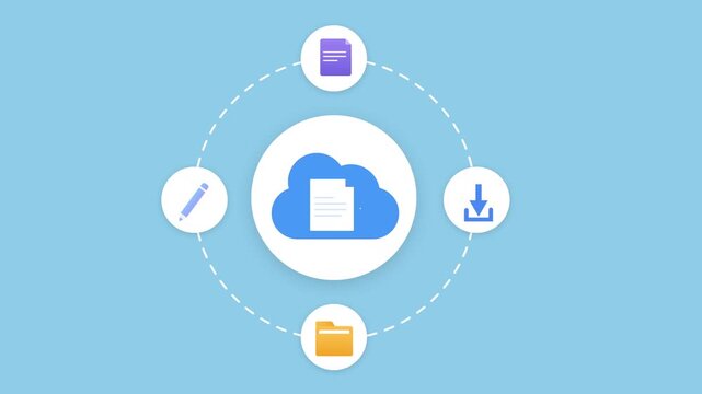 Animated cloud file management illustration featuring connected upload, folder, document, and organization icons in a smooth looping technology scene.