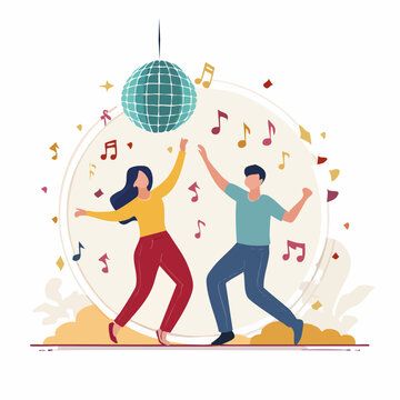 Couple Dancing Under Disco Ball with Music Notes and Confetti