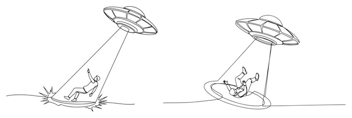 UFO flying saucer abducting person with light beam in minimalist continuous line art style © InsomniaVideo