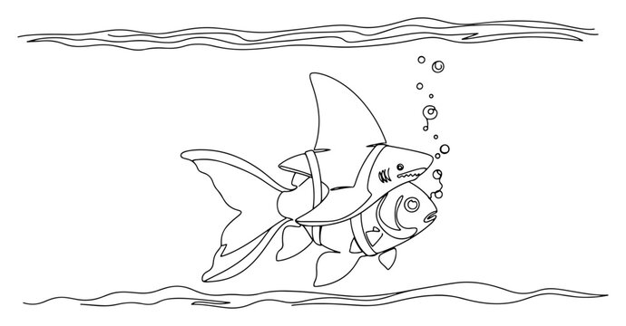 Goldfish swimming with small shark strapped to its back surreal line art